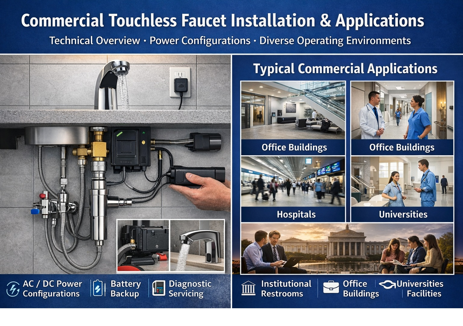 Commercial touchless faucet installation showing sensor control box, power supply, and service access considerations